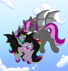 Size: 2300x2400 | Tagged: safe, artist:woofpoods, imported from derpibooru, oc, oc:bitwise operator, oc:strobestress, bat pony, pegasus, pony, background, bat pony oc, bat wings, best friends, blue sky, butt, cloud, dock, ear fluff, ear piercing, female, flying, gauges, glowstick, green eyes, long tail, mare, piercing, platonic, plot, possessed, possession, sharp teeth, sky, smiling, spread wings, tail, teeth, underhoof, unshorn fetlocks, wings