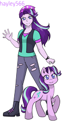 Size: 1420x2613 | Tagged: safe, artist:hayley566, imported from derpibooru, kotobukiya, starlight glimmer, pony, unicorn, equestria girls, beanie, boots, clothes, cute, duo, female, glimmerbetes, hat, high heel boots, jeans, mare, pants, raised hoof, ripped jeans, ripped pants, self paradox, self ponidox, shirt, shoes, simple background, style emulation, t-shirt, torn clothes, transparent background, vest, watch, waving, wristwatch