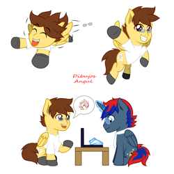 Size: 3800x3800 | Tagged: safe, artist:1mber_angul, imported from derpibooru, oc, oc:craft motion, oc:vick, pegasus, pony, computer, flying, greeting, hand, magic, sitting, talking