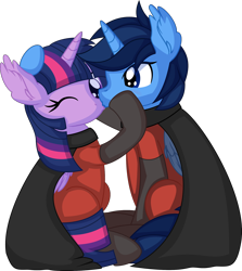 Size: 1710x1920 | Tagged: safe, imported from derpibooru, twilight sparkle, oc, oc:blue thunder, alicorn, canon x oc, clothes, hero, suit, thundersparkle, twilight sparkle (alicorn)