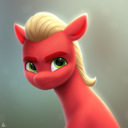Size: 2000x2000 | Tagged: safe, artist:luminousdazzle, imported from derpibooru, sprout cloverleaf, earth pony, pony, bust, frown, g5, green eyes, male, portrait, semi-realistic, solo, stallion