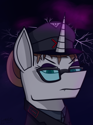 Size: 1248x1680 | Tagged: safe, artist:carolus rex, imported from derpibooru, oc, oc only, pony, unicorn, equestria at war mod, clothes, female, glasses, hat, horn, lightning, mare, military uniform, pony oc, solo, storm, unicorn oc, uniform