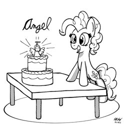 Size: 750x750 | Tagged: safe, artist:ebbysharp, imported from derpibooru, pinkie pie, pony, cake, food, monochrome, solo