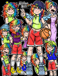 Size: 2975x3850 | Tagged: safe, artist:meowpuffs, imported from derpibooru, rainbow dash, human, alternate hairstyle, backpack, backwards ballcap, bag, bandaid, baseball cap, basketball, black background, cap, clothes, cute, dashabetes, dress, ear piercing, earring, evening gloves, eyeshadow, female, fingerless elbow gloves, fingerless gloves, gloves, grin, gritted teeth, hairy legs, hat, humanized, jewelry, lipstick, long gloves, makeup, megaradash, nail polish, necklace, piercing, shirt, shoes, shorts, simple background, smiling, sneakers, socks, soda, solo, sports, sports shorts, sweater, t-shirt, tanktop, tattoo, teeth