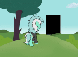 Size: 1484x1080 | Tagged: safe, artist:background basset, imported from derpibooru, lyra heartstrings, pony, unicorn, animated, clothes, dialogue, dig the swell hoodie, error, glitch, hoodie, looking at you, looking back, looking back at you, no sound, solo, static, text, video, webm
