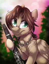 Size: 800x1035 | Tagged: safe, artist:mychelle, imported from derpibooru, oc, oc:alto stratus, pegasus, pony, flute, male, musical instrument, solo, stallion