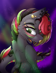 Size: 900x1165 | Tagged: safe, artist:mychelle, imported from derpibooru, oc, oc:party zap, earth pony, pony, ear piercing, earring, female, jewelry, mare, nose piercing, nose ring, piercing, solo