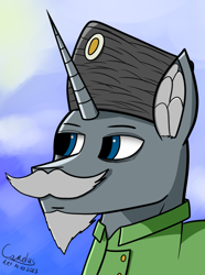 Size: 1248x1680 | Tagged: safe, artist:carolus rex, imported from derpibooru, oc, oc only, pony, unicorn, equestria at war mod, beard, blue eyes, clothes, ear fluff, equestria rises still (equestria at war submod), facial hair, gradient background, hat, male, moustache, solo, stallion, uniform