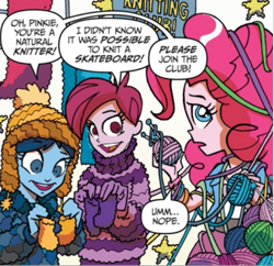 Size: 573x554 | Tagged: safe, idw, imported from derpibooru, pinkie pie, equestria girls, spoiler:comic, spoiler:comicannual2013, background human, cap, clothes, female, hat, knitting, knitting needles, sweater, unnamed character, unnamed human