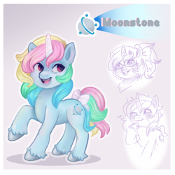 Size: 1650x1650 | Tagged: safe, artist:funky_furs, imported from derpibooru, moonstone, pony, unicorn, 2021, bow, g1, g1 to g5, g5, generation leap, glasses, looking sideways, one eye closed, open mouth, open smile, raised hoof, redesign, smiling, solo, tail, tail bow, unshorn fetlocks