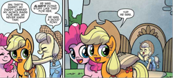 Size: 1414x645 | Tagged: safe, artist:agnesgarbowska, idw, imported from derpibooru, applejack, pinkie pie, earth pony, pony, spoiler:comic, spoiler:comic72, clothes, comic, cropped, elderly, female, hat, mare, overalls, trio, unnamed character, unnamed pony