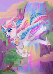 Size: 595x842 | Tagged: safe, artist:funky_furs, imported from derpibooru, star catcher, alicorn, pony, 2021, alicornified, cloud, female, flying, g3, g3 to g5, g5, generation leap, horn, mare, open mouth, open smile, outdoors, peytral, race swap, redesign, signature, smiling, solo, spread wings, tail, tree, unshorn fetlocks, water, waterfall, windswept mane, wings