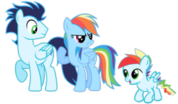 Size: 1436x841 | Tagged: safe, imported from derpibooru, rainbow dash, soarin', oc, oc:rainbow blitz, colt, female, foal, male, mare, offspring, parent:rainbow dash, parent:soarin', parents:soarindash, ship:soarindash, shipping, simple background, stallion, straight, transparent background