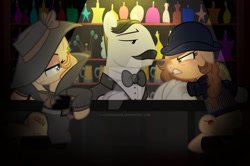 Size: 828x551 | Tagged: safe, artist:cutesadsoul, imported from derpibooru, oc, oc:bittersweet apple, oc:sunblossom, pony, bartender, booth, bowler hat, detective, duo, duo female, fedora, female, hat, male, sitting