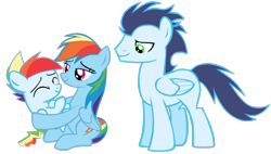 Size: 1458x829 | Tagged: safe, imported from derpibooru, rainbow dash, soarin', oc, oc:rainbow blitz, pegasus, pony, colt, female, foal, male, mare, offspring, parent:rainbow dash, parent:soarin', parents:soarindash, ship:soarindash, shipping, simple background, stallion, straight, transparent background