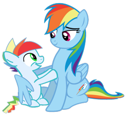 Size: 1143x1058 | Tagged: safe, imported from derpibooru, rainbow dash, oc, oc:rainbow blitz, pegasus, pony, colt, female, foal, male, mare, mother and child, mother and son, offspring, parent:rainbow dash, parent:soarin', parents:soarindash, simple background, transparent background