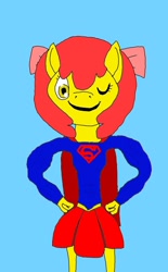 Size: 1200x1936 | Tagged: safe, artist:lekonar13, imported from derpibooru, apple bloom, anthro, earth pony, apple bloom's bow, blue background, bow, cape, clothes, dc comics, hair bow, one eye closed, simple background, solo, superfilly, supergirl, wink