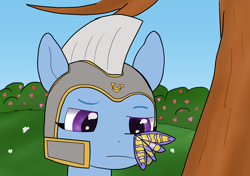 Size: 2480x1748 | Tagged: safe, artist:php176, derpibooru exclusive, imported from derpibooru, butterfly, pegasus, pony, bush, bust, confused, eyebrows, female, flower, g5, guardsmare, helmet, looking at something, mare, pegasus royal guard, royal guard, solo, tree, zoom zephyrwing