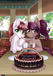 Size: 3157x4465 | Tagged: safe, artist:lifejoyart, oc, oc only, pony, drinking, duo, duo female, female, mare, restaurant