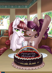 Size: 3157x4465 | Tagged: safe, artist:lifejoyart, oc, oc only, pony, drinking, duo, duo female, female, mare, restaurant