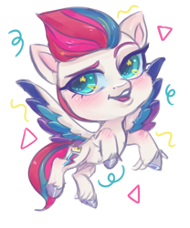 Size: 1500x1800 | Tagged: safe, artist:funky_furs, imported from derpibooru, zipp storm, pegasus, pony, blushing, chibi, eyebrows, female, g5, looking away, mare, open mouth, open smile, raised eyebrow, smiling, solo, spread wings, tail, unshorn fetlocks, wings