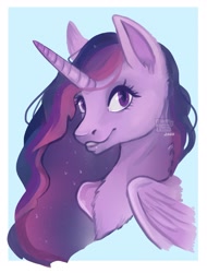 Size: 2244x2953 | Tagged: safe, artist:funky_furs, imported from derpibooru, twilight sparkle, alicorn, pony, the last problem, 2020, bust, female, g4, horn, looking at you, mare, older, older twilight, passepartout, portrait, princess twilight 2.0, signature, smiling, solo, twilight sparkle (alicorn), wings