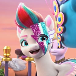 Size: 1080x1080 | Tagged: safe, imported from derpibooru, screencap, zipp storm, pegasus, pony, unicorn, spoiler:g5, spoiler:my little pony: make your mark, spoiler:my little pony: make your mark chapter 4, cropped, dazzle feather, female, g5, makeup, male, mare, misty brightdawn, my little pony: make your mark, my little pony: make your mark chapter 4, official, open mouth, skye silver, smiling, stallion, the manesquerade ball