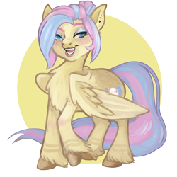 Size: 1500x1500 | Tagged: safe, artist:funky_furs, imported from derpibooru, oc, oc only, oc:candy claire, pegasus, 45 minute art challenge, ear piercing, female, lidded eyes, looking at you, mare, open mouth, open smile, partially transparent background, pegasus oc, piercing, raised hoof, signature, smiling, solo, tail, unshorn fetlocks, wings