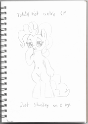 Size: 2202x3093 | Tagged: safe, artist:horsepen, pinkie pie, earth pony, pony, bipedal, female, lidded eyes, mare, simple background, sketch, smug, solo, text, traditional art, white background