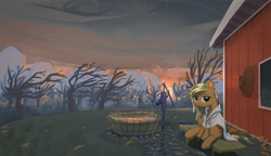 Size: 3600x2068 | Tagged: safe, artist:ciborgen, imported from derpibooru, applejack, earth pony, pony, leaves, pump, solo, tree, tub, water pump, wind