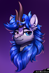 Size: 4000x6000 | Tagged: safe, artist:jedayskayvoker, imported from derpibooru, oc, oc:ravyn moonchild, kirin, bust, cheek fluff, chest fluff, cute, ear fluff, fluffy, gradient background, heterochromia, icon, kirin oc, looking at you, male, patreon, patreon reward, portrait, smiling, smiling at you, solo, stallion