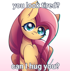 Size: 2500x2550 | Tagged: safe, artist:miryelis, imported from derpibooru, fluttershy, pegasus, pony, big ears, cute, female, gradient background, long hair, mare, meme, positive message, positive ponies, raised hoof, smiling, solo, text