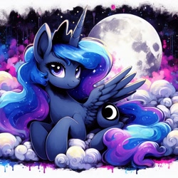 Size: 1024x1024 | Tagged: safe, imported from derpibooru, princess luna, alicorn, pony, ai content, ai generated, cloud, moon, solo