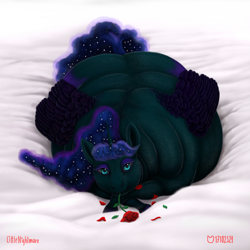 Size: 1500x1500 | Tagged: safe, artist:soobel, imported from derpibooru, nightmare moon, alicorn, pony, bed, chubby, fat, female, flower, flower in mouth, lying down, lying on bed, mare, mouth hold, nightmare moonpig, obese, on bed, rose, rose in mouth, solo