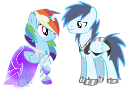 Size: 3500x2495 | Tagged: safe, artist:sparkle-bubba, imported from derpibooru, rainbow dash, soarin', pegasus, pony, armor, clothes, dress, female, male, mare, ship:soarindash, shipping, simple background, stallion, straight, transparent background