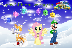 Size: 3000x2000 | Tagged: safe, artist:magical-mama, artist:user15432, artist:xpesifeindx, imported from derpibooru, fluttershy, human, pegasus, pony, anniversary, blue sky, crossover, gold medal, hand on hip, happy anniversary, looking at you, luigi, mario & sonic, mario & sonic at the olympic games, mario & sonic at the olympic winter games, mario and sonic, mario and sonic at the olympic games, medal, miles "tails" prower, olympic games, olympic winter games, olympics, open mouth, open smile, sky, smiling, snow, snowflake, sonic the hedgehog (series), spirit, spirits, super mario bros., vancouver 2010, winter