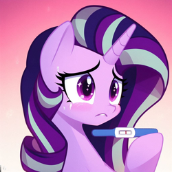 Size: 1024x1024 | Tagged: safe, editor:lostbrony, imported from derpibooru, starlight glimmer, pony, unicorn, ai content, ai generated, blushing, crying, female, horn, mare, pregnancy test, solo