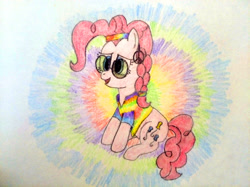 Size: 4032x3016 | Tagged: safe, artist:jakusi, pinkie pie, earth pony, pony, /pnk/, abstract background, braid, clothes, female, glasses, hairband, headband, hippie, mare, peace sign, pinktober, psychedelic, sitting, solo, traditional art