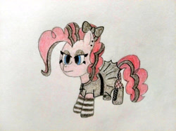 Size: 4032x3016 | Tagged: safe, artist:jakusi, pinkie pie, earth pony, pony, /pnk/, boots, bow, clothes, emo, female, fishnets, goth, hair bow, highlights, inverted cross, jewelry, lidded eyes, makeup, mare, necklace, pinktober, shoes, skirt, socks, solo, traditional art