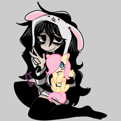 Size: 710x710 | Tagged: safe, artist:cutiesparke, imported from derpibooru, fluttershy, oc, oc:lillian, human, pony, bags under eyes, black hair, bunny hood, clothes, female, filly, filly fluttershy, foal, holding a pony, human oc, peace sign, socks, stocking feet, stockings, striped sweater, sweater, thigh highs, tired eyes, younger