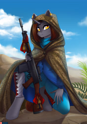 Size: 3157x4465 | Tagged: safe, artist:lifejoyart, oc, oc only, anthro, pony, bikini, breasts, clothes, female, gun, rifle, shirt, swimsuit, weapon