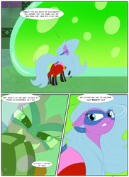 Size: 1596x2196 | Tagged: safe, artist:necrofeline, imported from derpibooru, mane-iac, oc, oc:madame inflator, earth pony, pony, comic:the formula, alternate universe, clothes, comic, commission, commission comic, commissioner:geonineplus, costume, evil grin, factory, formula, grin, growth formula, hair tie, implied oc, inflation comic, inflation sequence, looking at you, looking back, looking back at you, mask, offscreen character, power ponies, sequence, serum, smiling, solo, speech bubble, supervillain, this will end in growth, this will end in inflation, tresemme, word bubble