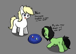 Size: 1252x893 | Tagged: safe, artist:neuro, imported from derpibooru, oc, oc only, oc:aryanne, oc:filly anon, earth pony, pony, beyblade, butt, duo, female, filly, foal, gray background, looking at something, nazi, plot, simple background