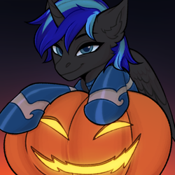 Size: 2048x2048 | Tagged: safe, artist:enderbee, imported from derpibooru, oc, alicorn, pony, blue eyes, blue hair, commission, halloween, happy, holiday, pumpkin, smiling, solo, stars, ych result