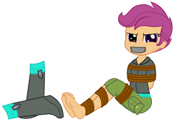 Size: 9398x6500 | Tagged: safe, artist:cardshark777, imported from derpibooru, scootaloo, human, equestria girls, arm behind back, barefoot, bondage, bound and gagged, digital art, duct tape, feet, gag, helpless, looking at you, rope, rope bondage, ropes, scootaloo is not amused, shoes removed, simple background, sitting, solo, tape, tape gag, tied up, transparent background, unamused