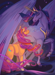 Size: 2830x3860 | Tagged: safe, artist:ohmisweetgoodness, imported from derpibooru, sunny starscout, twilight sparkle, alicorn, earth pony, pony, butt, duo, female, g5, glowing, glowing horn, high res, hoers, horn, large wings, looking at each other, looking at someone, mare, plot, raised hoof, smiling, subversion, sunny and her heroine, that magic was not yours to give, twilight sparkle (alicorn), wings