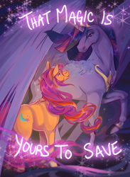 Size: 2830x3860 | Tagged: safe, alternate version, artist:ohmisweetgoodness, imported from derpibooru, sunny starscout, twilight sparkle, alicorn, earth pony, pony, butt, duo, female, g5, glowing, glowing horn, high res, hoers, horn, large wings, looking at each other, looking at someone, mare, plot, raised hoof, smiling, subversion, sunny and her heroine, text, that magic is yours to give, that magic was not yours to give, twilight sparkle (alicorn), wings