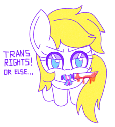 Size: 993x1100 | Tagged: safe, artist:aryannerapesmewithherfutacockeverynight, imported from ponybooru, oc, oc:aryanne, pony, blood, blue eyes, caption, female, knife, mouth hold, nazi, pride, pride flag, purple outline, redraw, sitting, smug, text, threat, threatening, trace, transgender, transgender pride flag