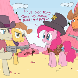 Size: 2000x2000 | Tagged: safe, artist:notawriteranon, imported from derpibooru, pinkie pie, oc, unnamed oc, pony, clothes, gun, pinktober, sheriff's badge, weapon