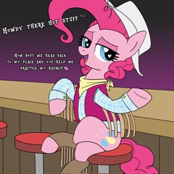 Size: 2048x2048 | Tagged: safe, artist:legendoflink, imported from derpibooru, pinkie pie, earth pony, pony, bandana, bar, bar stool, bedroom eyes, clothes, cowboy, cowboy hat, dialogue, female, flirting, hat, heart, heart eyes, mare, open mouth, open smile, pinktober, plaid shirt, shirt, sitting, smiling, solo, talking to viewer, vest, wingding eyes